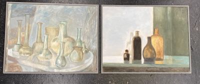 two paintings of vases and bottles on a table in front of a window