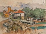 une image représentant un tableau d'un village avec une rivière au premier plan