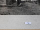 drawing of a street scene with buildings and a clock in the distance