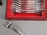 silverware in a red case on a table with spoons and forks