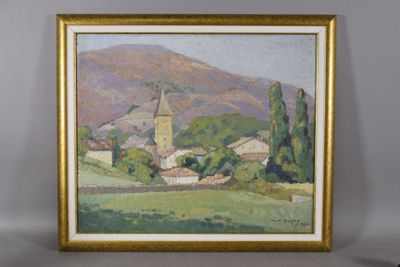 a painting of a landscape with a church in the distance