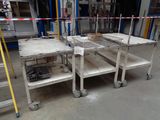 two tables with baskets on them in a warehouse