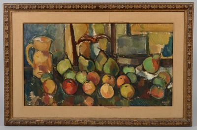 une peinture représentant des fruits et un vase posés sur une table