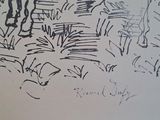 drawing of a forest with trees and bushes in the foreground