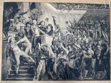 an old drawing of a crowd of people standing in front of a stage
