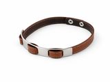un gros plan sur un collier de chien en cuir marron muni d'une boucle métallique