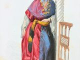 tableau représentant une femme vêtue d'une robe rouge et bleue et d'un chapeau rouge