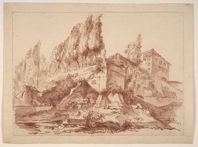 an old drawing of a castle on a hill with trees in the foreground