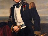 an oil painting of a man in a military uniform holding a sword