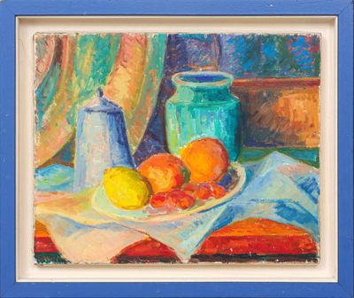 an oil painting of a plate of fruit on a table
