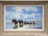 a painting of horses pulling a boat in the water