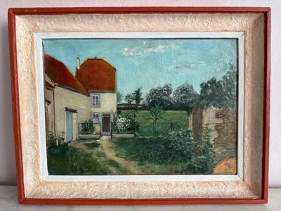 une peinture à l'huile représentant une maison dans un champ, avec un chemin