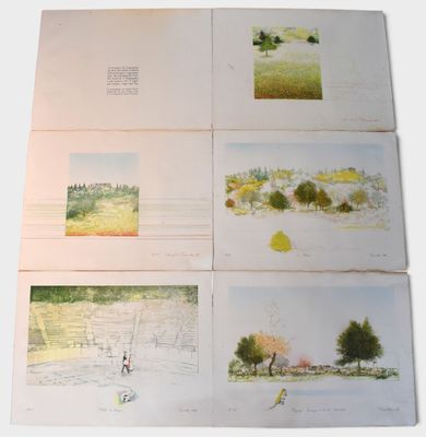four pages of watercolor paintings of a landscape with trees and birds