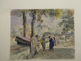 a painting of a group of people standing on a street