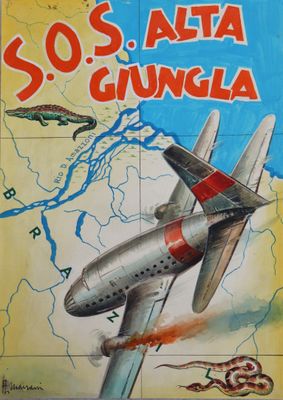 painting of an airplane flying over a map with a snake in the foreground