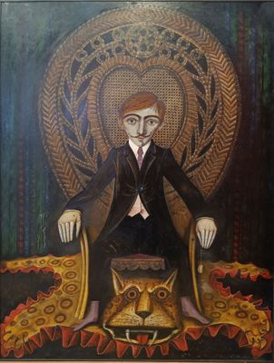 un tableau représentant un homme assis sur une chaise, avec un chat devant lui