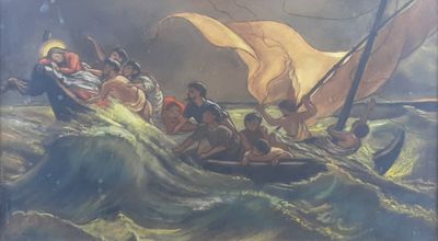 painting of a group of people in a boat on a body of water