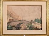 une image d'une peinture représentant un pont sur une rivière