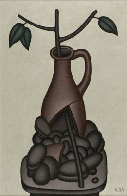 un tableau représentant un vase contenant une plante