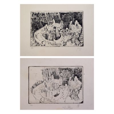 deux dessins en noir et blanc représentant des personnes dans un jardin