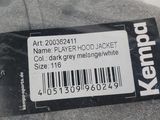 a label on the back of a gray jacket