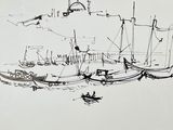 sketches of boats in a harbor with a mosque in the background