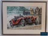 painting of a vintage race car being driven by two men