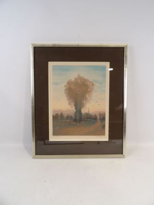 tableau représentant un arbre dans un champ, avec le ciel en arrière-plan