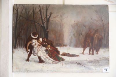 un tableau représentant un homme et une femme dans la neige