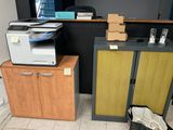 a picture of a desk with a printer and a cabinet