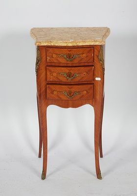 an image of a small wooden table with marble top