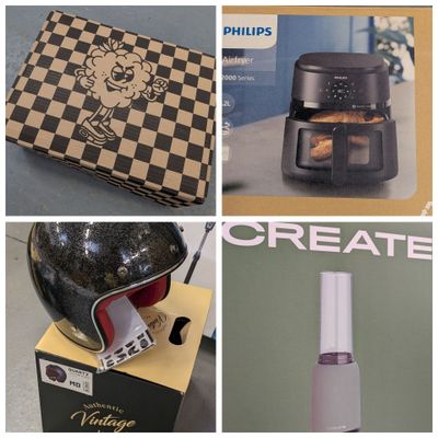 plusieurs photos d'objets divers, parmi lesquels une cafetière, une cafetière et une boîte de grains de café