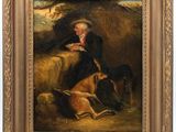 a painting of a man sitting on a hay bale with two dogs