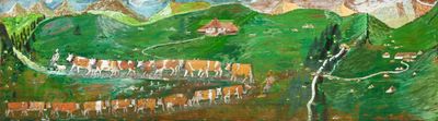 une peinture d'un paysage avec des arbres et des montagnes en arrière-plan