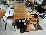many chairs and tables in a room with a large window