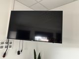 une télévision à écran plat accrochée au mur au-dessus d'une plante en pot