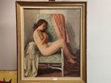 un tableau représentant une femme nue assise sur une chaise devant une fenêtre