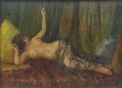 painting of a nude woman laying on a bed in a wooded setting