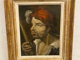 an oil painting of a man holding a baseball bat in a gold frame
