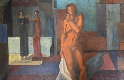 a painting of a woman standing in front of a mirror