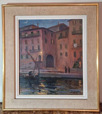 a picture of a painting of a boat in the water