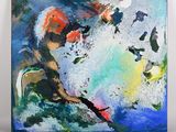 peinture abstraite représentant un homme portant un casque rouge sur fond bleu