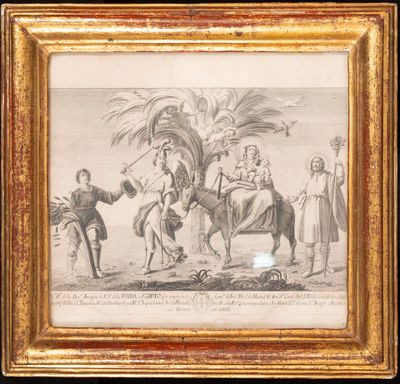 a drawing of a group of people riding on horses next to a palm tree