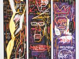three paintings of different types of artwork on a white wall