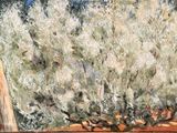une peinture représentant un arbre blanc posé sur le rebord d'une fenêtre
