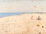 un tableau représentant deux personnes assises sur une plage