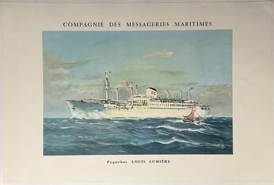 painting of a ship in the ocean with a sailboat in the background