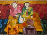 un tableau représentant trois personnes assises à une table