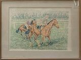 a drawing of two horses running in a race