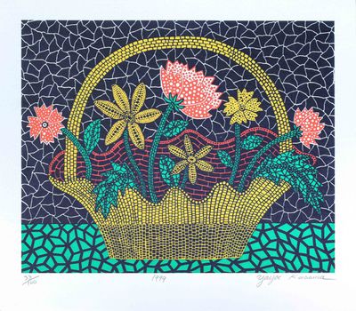 une peinture représentant un panier de fleurs sur fond bleu